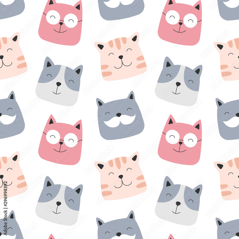 Cute seamless pattern cats faces on a white background. Scandinavian style, vector illustration for kids. Print for packaging, wallpaper, fabric, textile.
