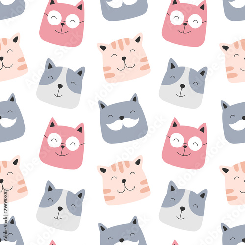 Fototapeta Naklejka Na Ścianę i Meble -  Cute seamless pattern cats faces on a white background. Scandinavian style, vector illustration for kids. Print for packaging, wallpaper, fabric, textile.