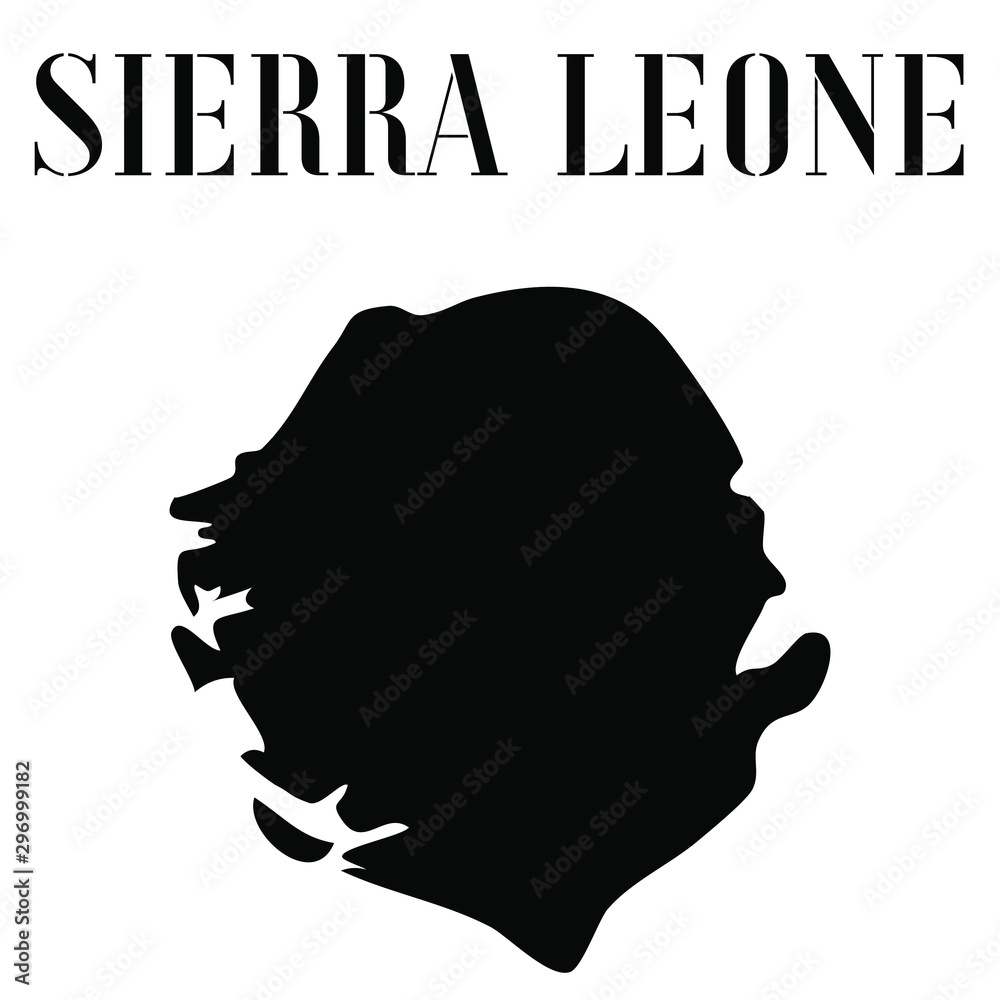 Sierra Leone  solid country outline silhouette, Black and white vector illustration with isolated object and symbols on background with text. From world map countries set
