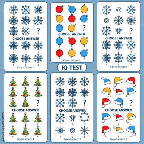 IQ test. Choose correct answer. Set of logical tasks composed of pictures of Christmas tree, snowflakes, Santa Claus hat, Christmas balls. Vector illustration in flat style