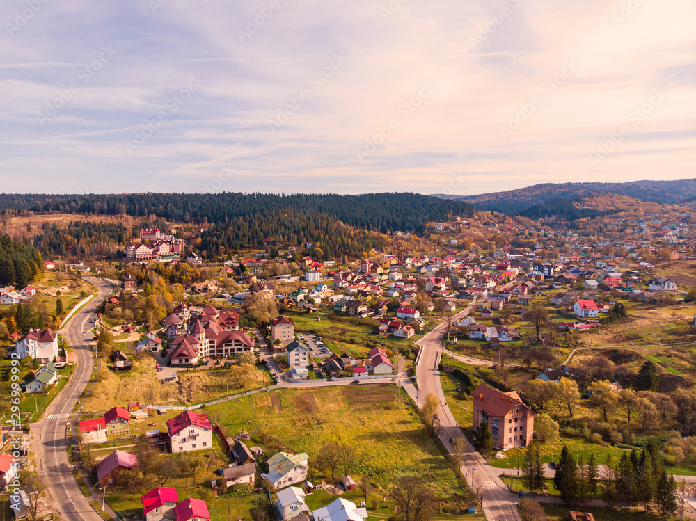 Aerial drone view of Skhidnytsia popular healing spa resort in Carpathians. Balneological resort with mineral springs.