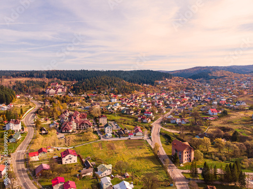 Aerial drone view of Skhidnytsia popular healing spa resort in Carpathians. Balneological resort with mineral springs.
