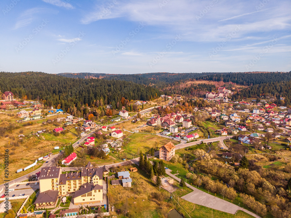 Aerial drone view of Skhidnytsia popular healing spa resort in Carpathians. Balneological resort with mineral springs. Autumn landscape