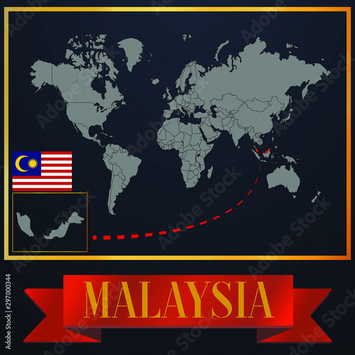 Malaysia solid country outline silhouette  realistic globe world map template  atlas for infographic  vector illustration  isolated object  background  national flag. countries set 