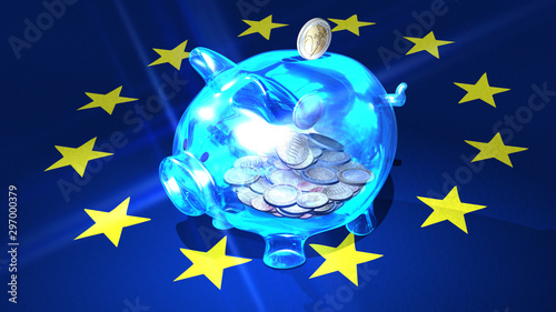 Blue money box - Piggy bank with euro coins inside on a flag of Europe 