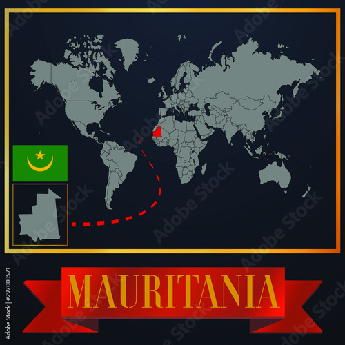 Mauritania solid country outline silhouette  realistic globe world map template  atlas for infographic  vector illustration  isolated object  background  national flag. countries set 