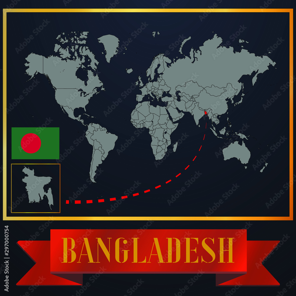 Bangladesh solid country outline silhouette, realistic globe world map template, atlas for infographic, vector illustration, isolated object, background, national flag. countries set 