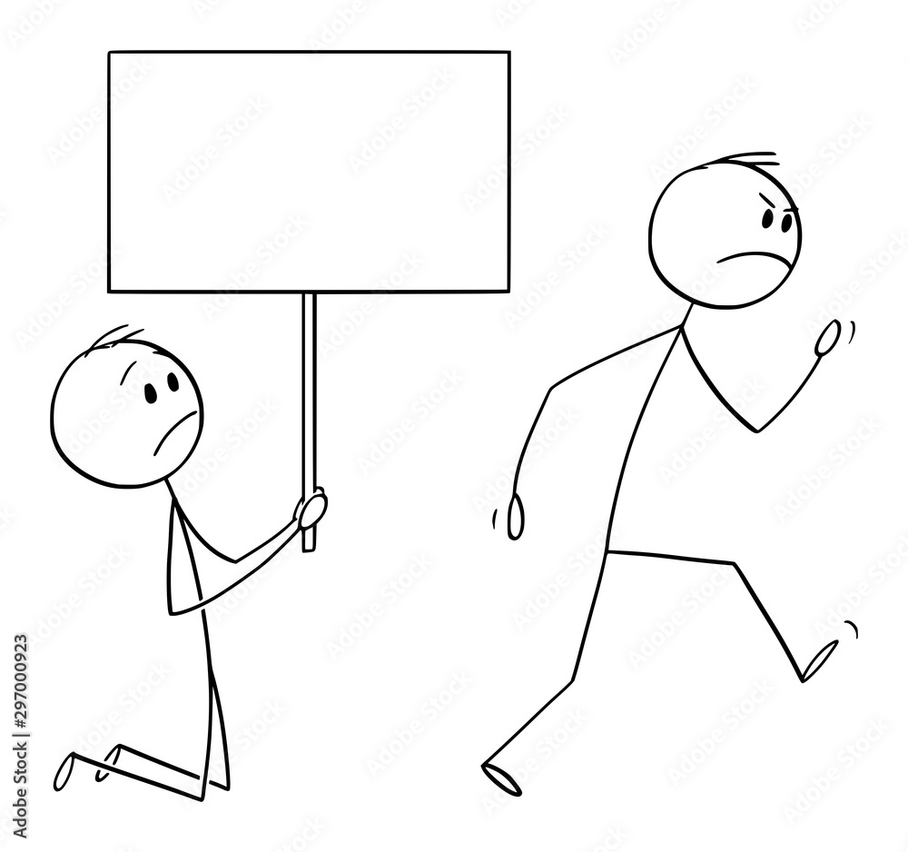 Vector cartoon stick figure drawing conceptual illustration of angry  customer or worker walking away, and kneeling man holding empty sign begging  him to don't leave. Stock Vector | Adobe Stock