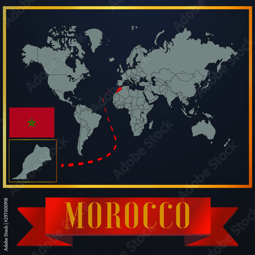 Morocco solid country outline silhouette  realistic globe world map template  atlas for infographic  vector illustration  isolated object  background  national flag. countries set 