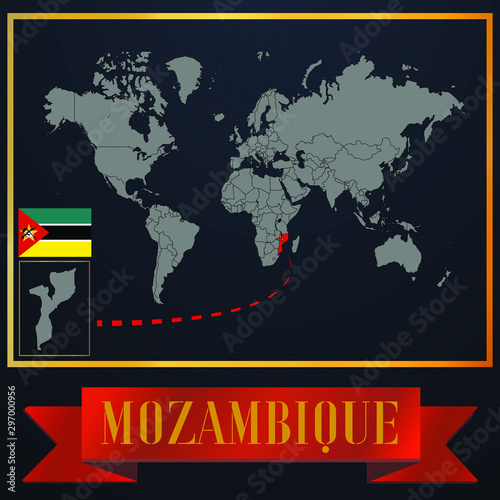 Mozambique solid country outline silhouette  realistic globe world map template  atlas for infographic  vector illustration  isolated object  background  national flag. countries set 