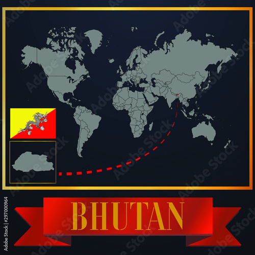 Bhutan solid country outline silhouette  realistic globe world map template  atlas for infographic  vector illustration  isolated object  background  national flag. countries set 