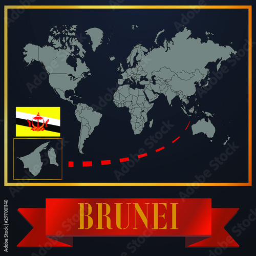 Brunei solid country outline silhouette  realistic globe world map template  atlas for infographic  vector illustration  isolated object  background  national flag. countries set 