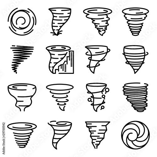 Tornado icons set. Outline set of tornado vector icons for web design isolated on white background