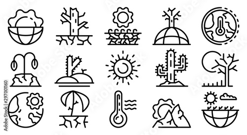 Drought icons set. Outline set of drought vector icons for web design isolated on white background