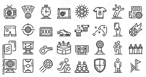 Soccer icons set. Outline set of soccer vector icons for web design isolated on white background