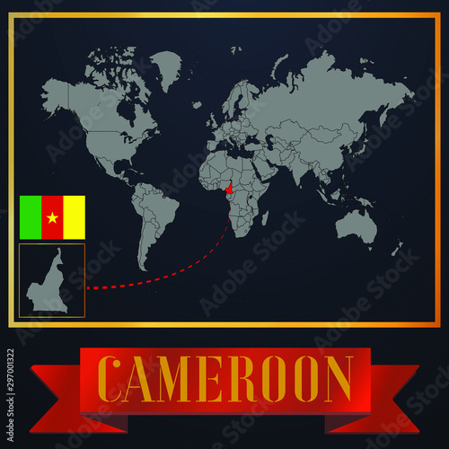 Cameroon solid country outline silhouette  realistic globe world map template  atlas for infographic  vector illustration  isolated object  background  national flag. countries set 