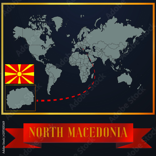 North Macedonia solid country outline silhouette  realistic globe world map template  atlas for infographic  vector illustration  isolated object  background  national flag. countries set 