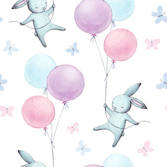 Wandcirkels Aquarel prints patronen Cute seamless pattern with watercolor festive rabbits, hand drawn isolated on a white background.Happy bunny flying in the sky between colorful balloons and clouds. Cartoon hare  illustration for kids  © BloomPix