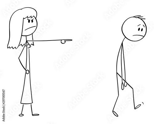 Vector cartoon stick figure drawing conceptual illustration of angry woman or female boss expelling man, forcing him to leave.