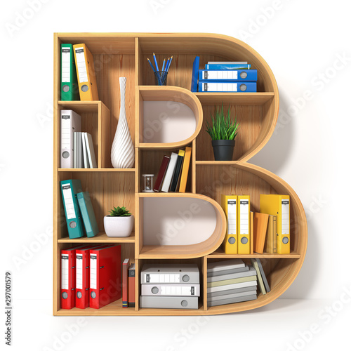 Fototapeta Naklejka Na Ścianę i Meble -  Letter B. Alphabet in the form of shelves with file folder, binders and books isolated on white. Archival, stacks of documents at the office or library.
