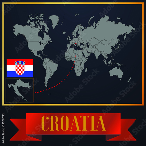 Croatia solid country outline silhouette  realistic globe world map template  atlas for infographic  vector illustration  isolated object  background  national flag. countries set 
