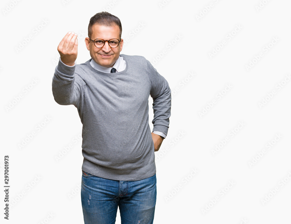 Middle age bussines arab man wearing glasses over isolated background Doing Italian gesture with hand and fingers confident expression Middle age bussines arab man wearing glasses over isolated background Doing Italian gesture with hand and fingers confident expression