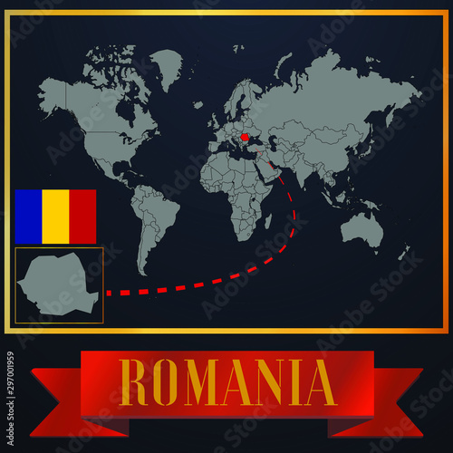 Romania solid country outline silhouette  realistic globe world map template  atlas for infographic  vector illustration  isolated object  background  national flag. countries set 