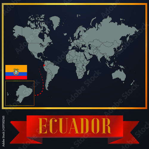Ecuador solid country outline silhouette  realistic globe world map template  atlas for infographic  vector illustration  isolated object  background  national flag. countries set 