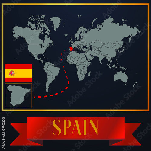 Spain solid country outline silhouette  realistic globe world map template  atlas for infographic  vector illustration  isolated object  background  national flag. countries set 