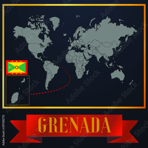 Grenada solid country outline silhouette  realistic globe world map template  atlas for infographic  vector illustration  isolated object  background  national flag. countries set 