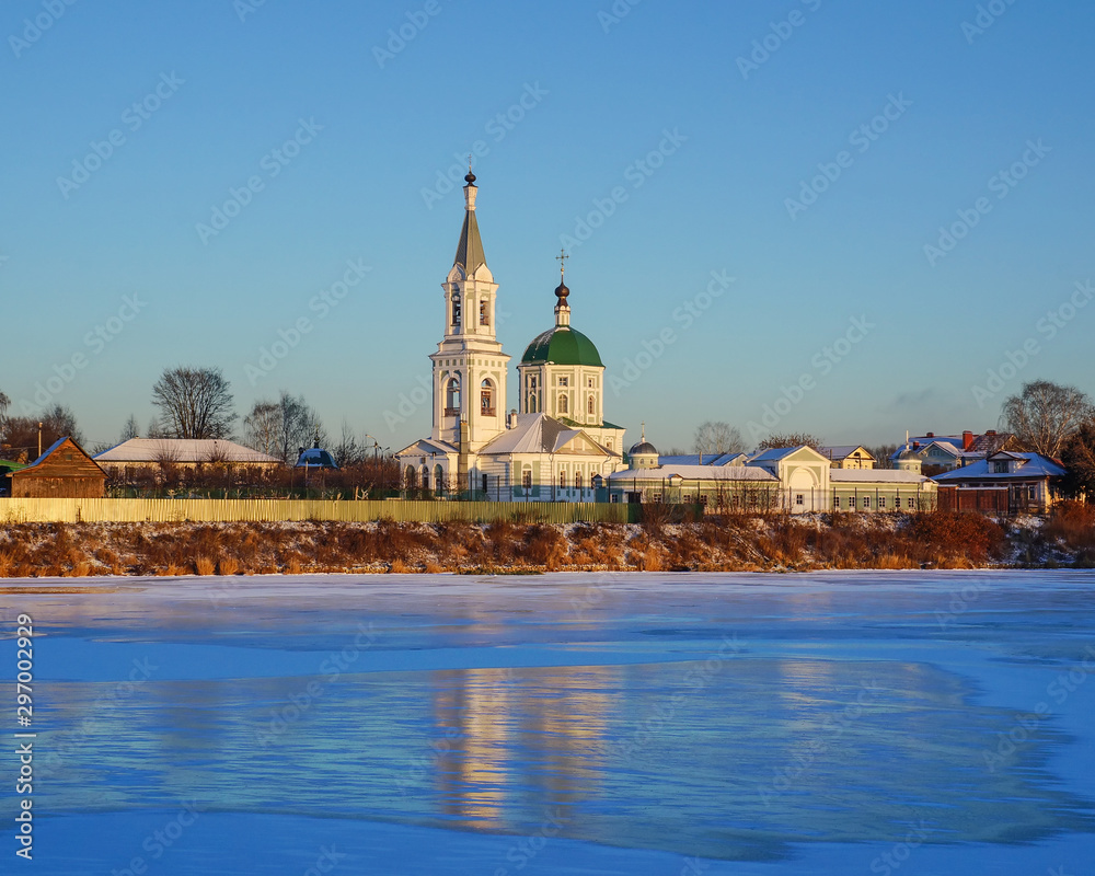 Russia, Tver city. Panoramic view of the monastery of St. Catherine from the Volga river. Cold sunny evening in early winter