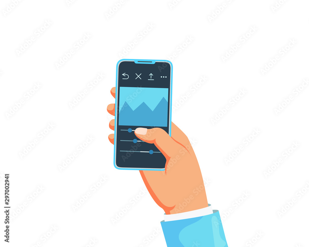 Male hand holding smartphone and editing photos at modern application. Photo editor at the screen. Process of correction photo. Cartoon vector illustration Male hand holding smartphone and editing photos at modern application. Photo editor at the screen. Process of correction photo. Cartoon vector illustration