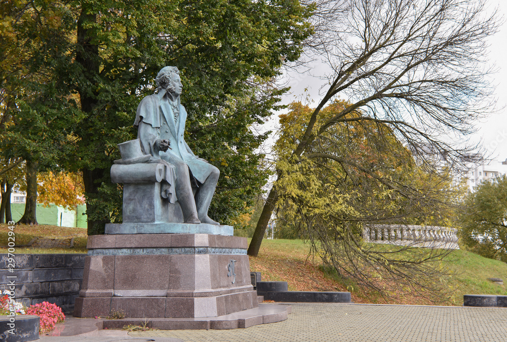 Sculpture of Russian poet A. S. Pushkin in Minsk, Belarus. Selective focus