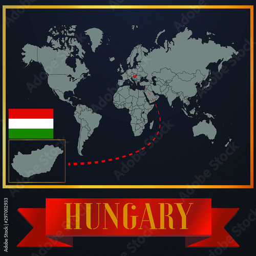 Hungary solid country outline silhouette  realistic globe world map template  atlas for infographic  vector illustration  isolated object  background  national flag. countries set 
