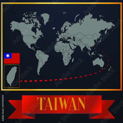Taiwan solid country outline silhouette  realistic globe world map template  atlas for infographic  vector illustration  isolated object  background  national flag. countries set 