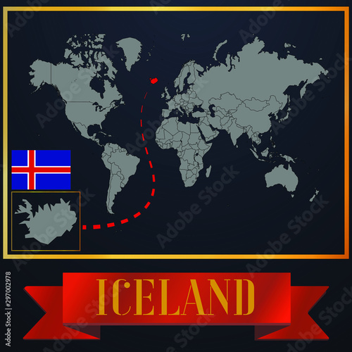 Iceland solid country outline silhouette  realistic globe world map template  atlas for infographic  vector illustration  isolated object  background  national flag. countries set 