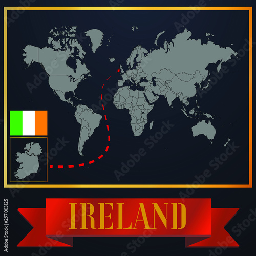 Ireland solid country outline silhouette  realistic globe world map template  atlas for infographic  vector illustration  isolated object  background  national flag. countries set 