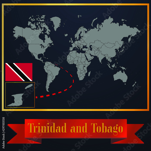 Trinidad and Tobago solid country outline silhouette  realistic globe world map template  atlas for infographic  vector illustration  isolated object  background  national flag. countries set 