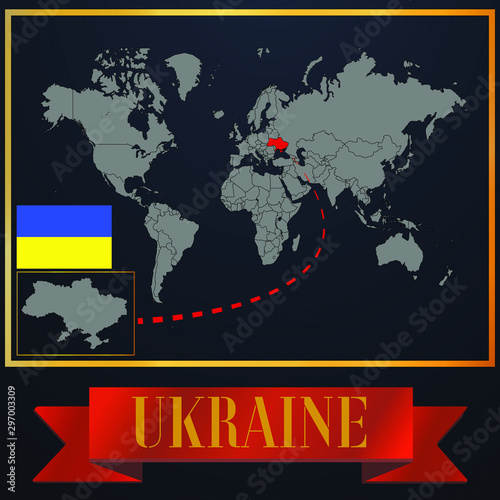 Ukraine solid country outline silhouette  realistic globe world map template  atlas for infographic  vector illustration  isolated object  background  national flag. countries set 