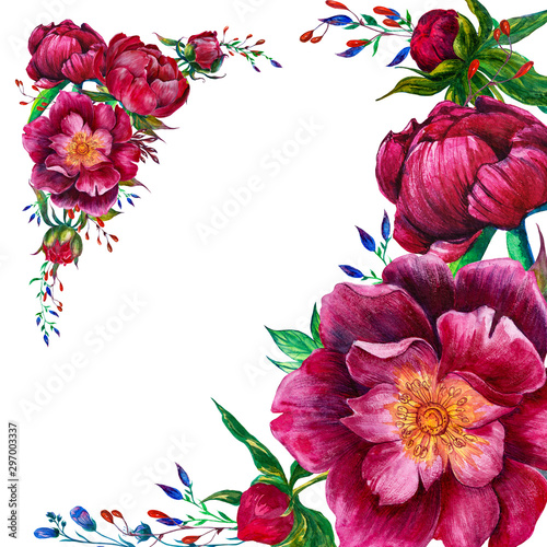Bright painted watercolor compositions with peony flowers.