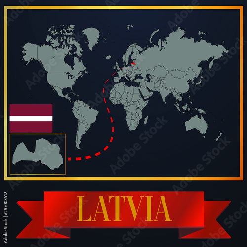 Latvia solid country outline silhouette  realistic globe world map template  atlas for infographic  vector illustration  isolated object  background  national flag. countries set 