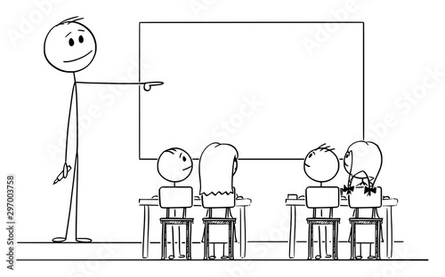 Vector cartoon stick figure drawing conceptual illustration of teacher in classroom with marker in hand pointing at empty whiteboard.