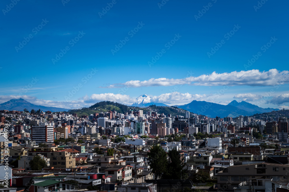 Panoramic view of the city of Quito in summer, Pichincha, Ecuador.