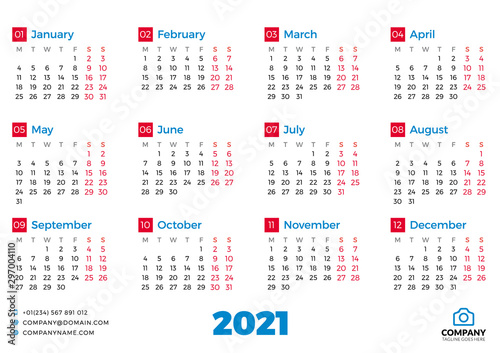 Simple calendar template for 202 year. Week starts on Monday. Vector illustration