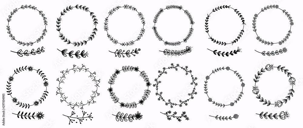 Set Wreath with leaves vector. Hand drawn branches. Black and white ornaments vintage. Illustrations wreath invitation Set Wreath with leaves vector. Hand drawn branches. Black and white ornaments vintage. Illustrations wreath invitation