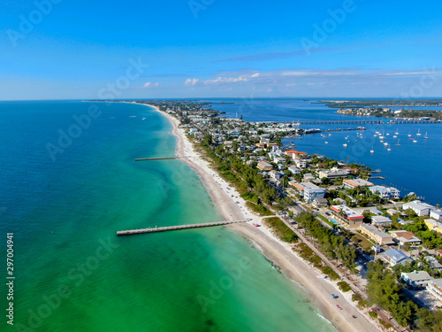 Wallpaper Mural Aerial view of Cortez beach withe sand beach and his little wood pier on blue wa