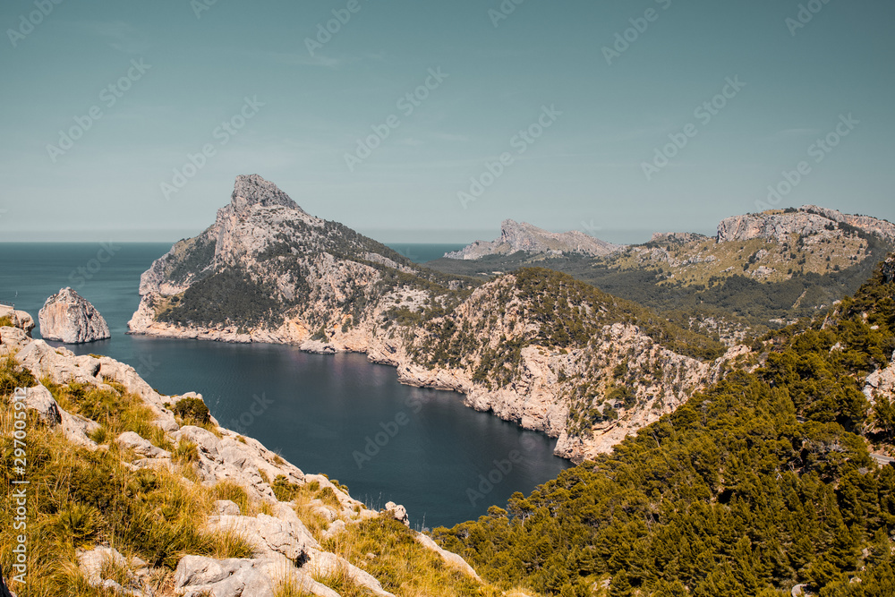 View point of the mountain top to the famous landmark cap. Cala Figuera, Cap de Formentor, Serra de Tramuntana, Mallorca, Spain , Balearic Islands