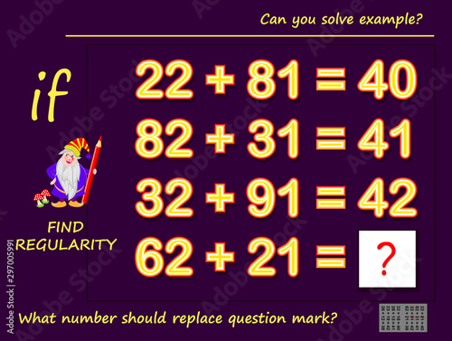 Logic puzzle game for children and adults. Can you solve example? Find regularity. Printable page for kids brain teaser book. Developing mathematical skills. IQ test.