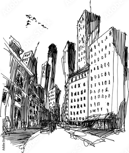 Obraz na płótnie ręcznie rysowane szkic architektoniczny nowoczesnego miasta z wysokimi budynkami i ulicą