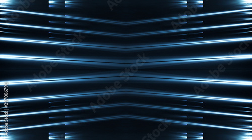 Dark abstract background, neon blue light. Empty dark scene with spotlights. Blue background with rays, light lines.